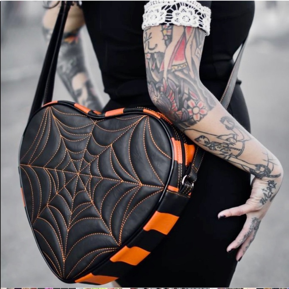 Pumpkin x Kult Love Pain and Stitches Black Orange Spiderweb Heart Crossbody Bag